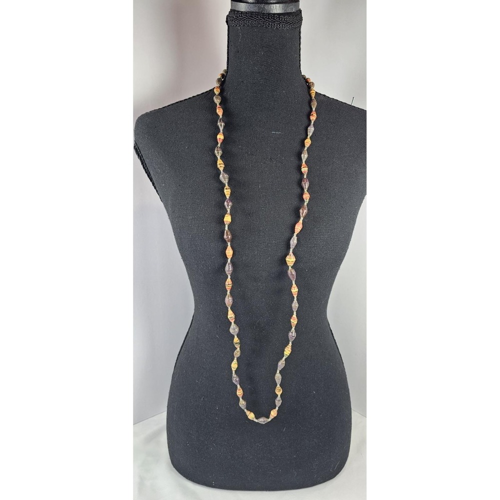 Vintage Handmade Paper Bead Necklace & Bracelet Set Boho Hippie Orange Brown 42" - Picture 2 of 6